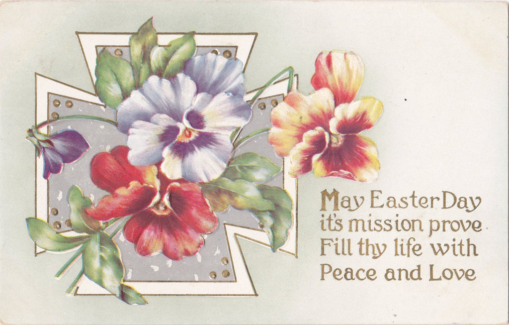 Easter's Mission- 1910s Antique Postcard- Edwardian Floral- Pattee Iron Cross- Pansy Flowers- Embossed- Used