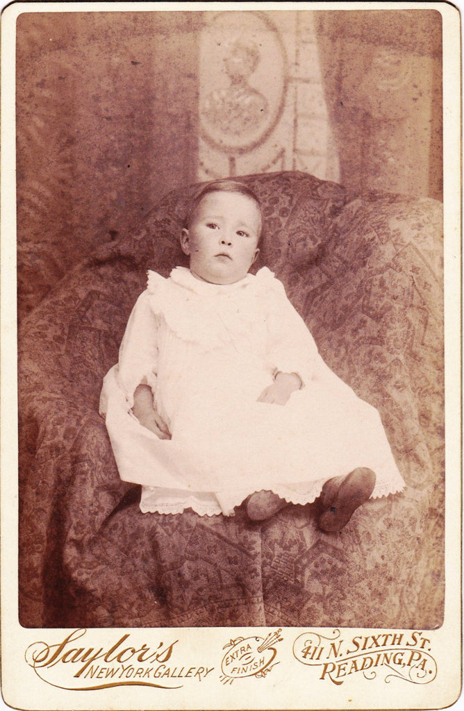 Victorian Baby Boy- 1800s Antique Photograph- Toddler Portrait- Saylor's Gallery- Reading, PA- Child Cabinet Photo- Paper Ephemera