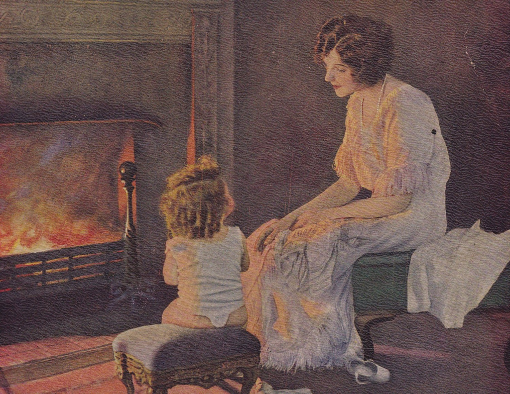 A Bedtime Story- 1920s Antique Print- Mother and Child- Fireplace- Edwardian Art- L Goddard- Artist Signed- Lithograph Print- Paper Ephemera