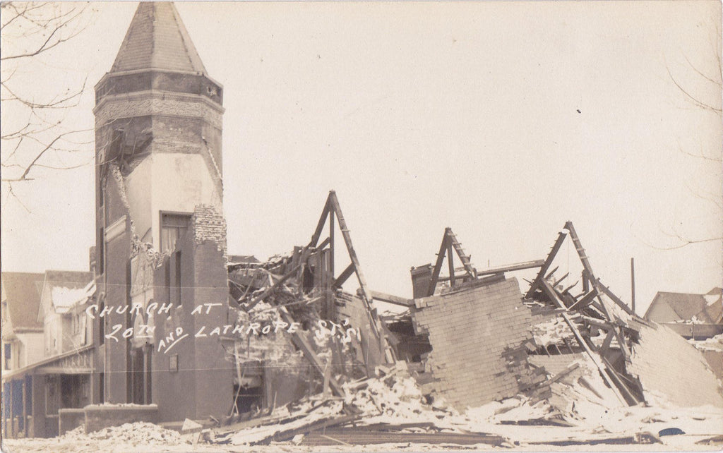 Church in Ruins at 20th and Lathrope- 1910s Antique Photograph- Natural Disaster- Tornado Aftermath- AZO RPPC- Real Photo Postcard- Found Photo