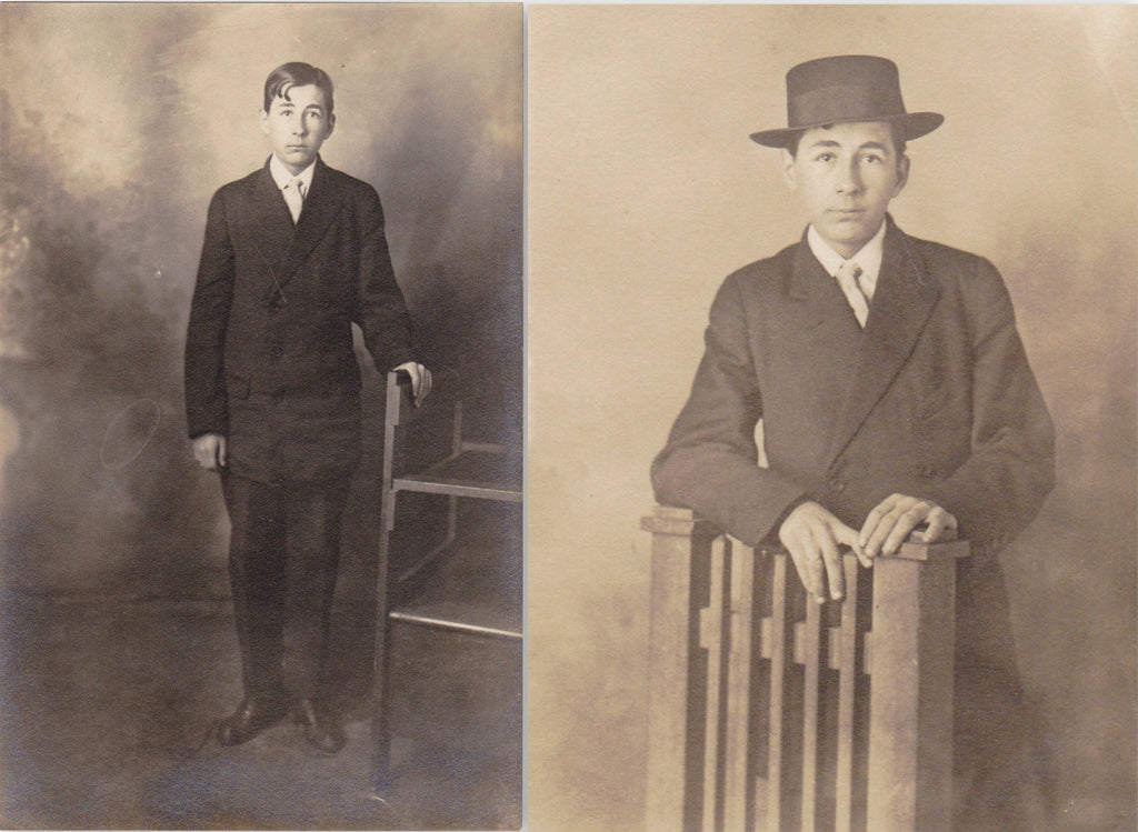 Hat or No Hat- 1910s Antique Photograph- SET of 2- Edwardian Boy Portrait- Found Photos- Real Photo Postcards- RPPC- Paper Ephemera