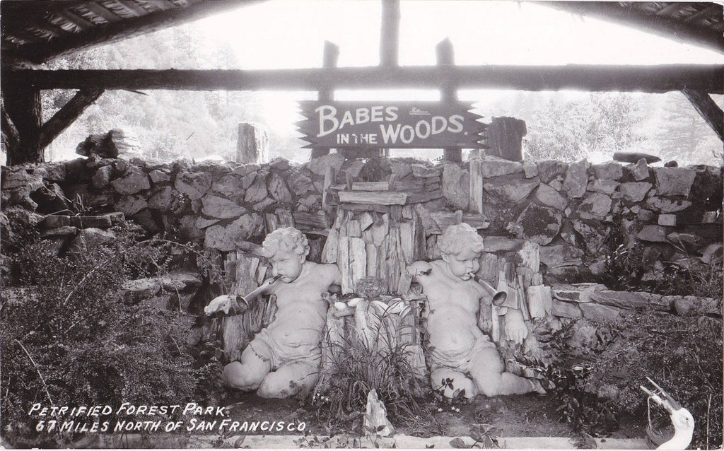Babes in the Woods- 1950s Vintage Photograph- Petrified Forest Park- San Francisco, California- Garden Statue- RPPC- Real Photo Postcard