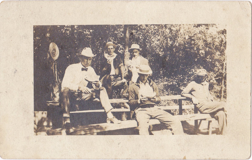 Eating Watermelon- 1900s Antique Photograph- Edwardian Men- Park Bench- Found Photo- Real Photo Postcard- AZO RPPC
