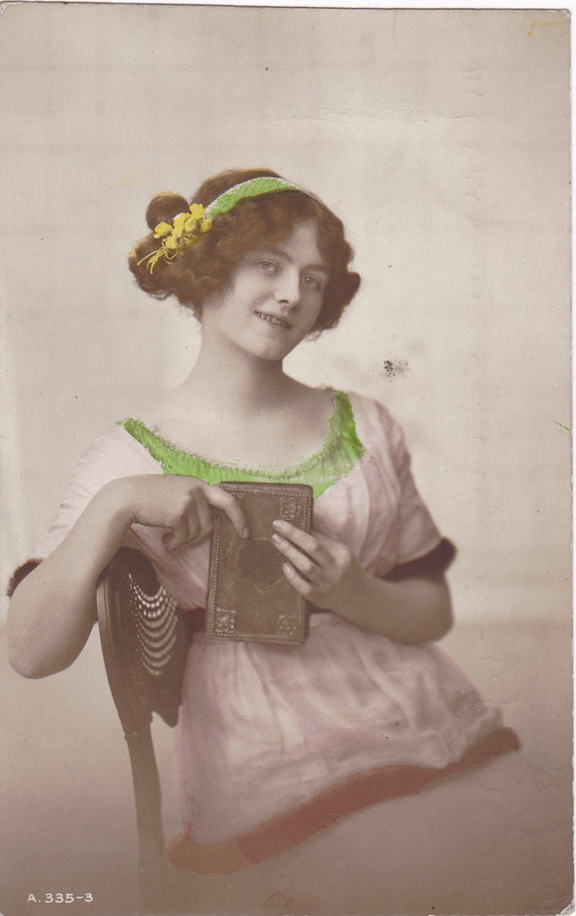 Most Essential- 1900s Antique Photograph- Edwardian Beauty- Hand Tinted- Woman with Book- Real Photo Postcard- Rotary RPPC