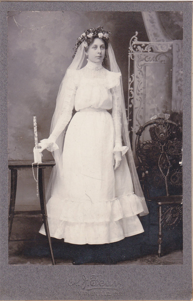 Miss Gertrude Bivens- 1890s Antique Photograph- First Holy Communion- Victorian Confirmation Girl- Evansville, IN- Cabinet Photo- Photographer A J Feay