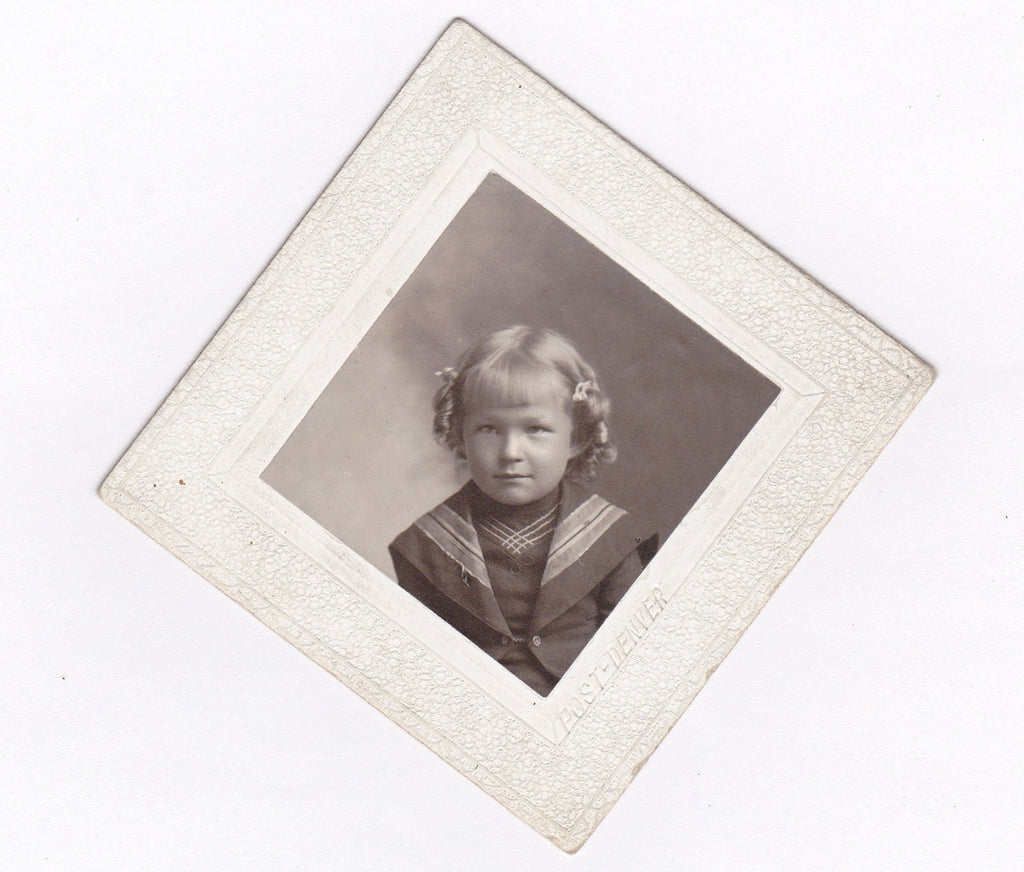 Denver Sailor Girl- 1890s Antique Photograph- Diamond Shaped- Cabinet Photo- Victorian Child- Denver, CO- Found Photo- Paper Ephemera
