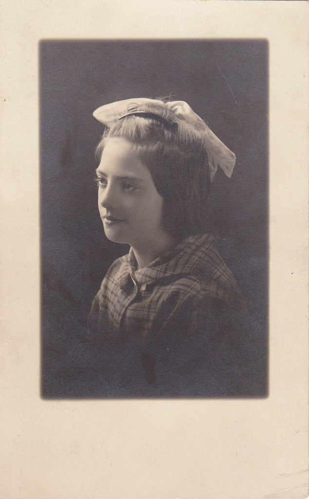 Trend Setting- 1910s Antique Photograph- Edwardian Girl- Bobbed Hair- St Cloud, MN- Profile Portrait- RPPC- Real Photo Postcard- Found Photo