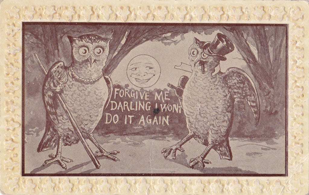 Forgive Me Darling- 1910s Antique Postcard- Night Owl- I Won't Do It Again- Edwardian Humor- Art Comic- Anthropomorphic- Used