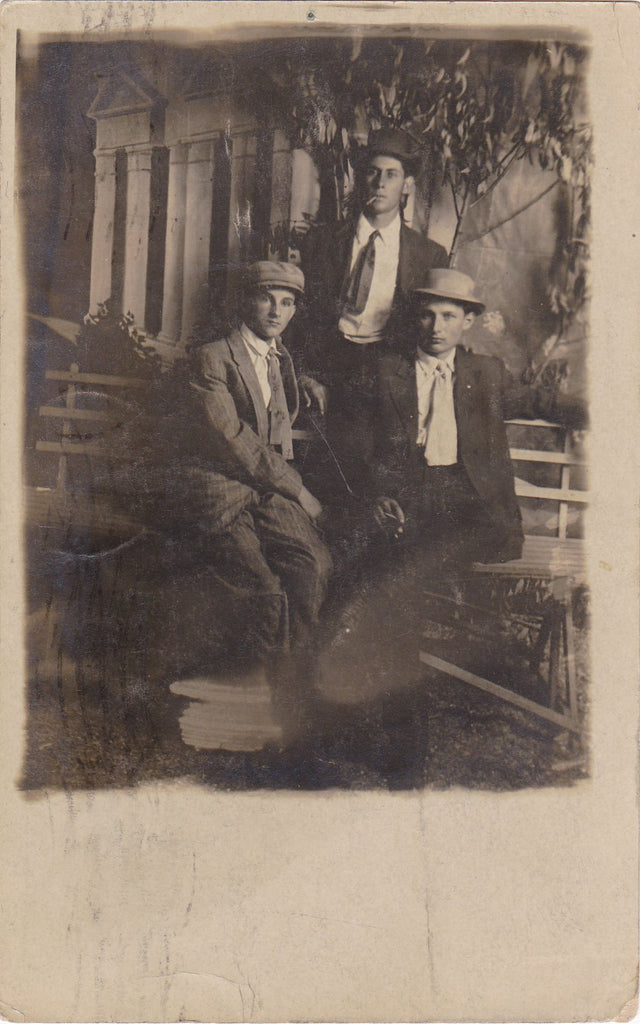 Triple Dandy Brothers- 1910s Antique Photograph- Handsome Men- Edwardian Dandy- Found Photo- RPPC- Real Photo Postcard- Studio Portrait