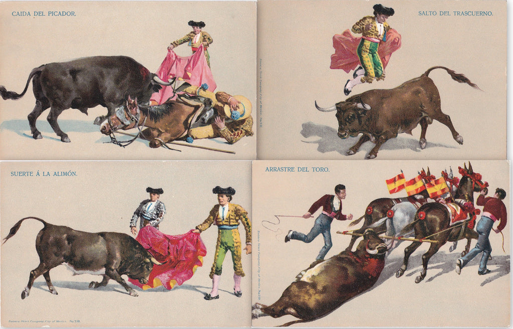 Bullfighting in Mexico- 1900s Antique Postcards- SET of 4- Corrida De Toros- Matador, Picador- Sonora News Co- Bull Fight- Art Cards