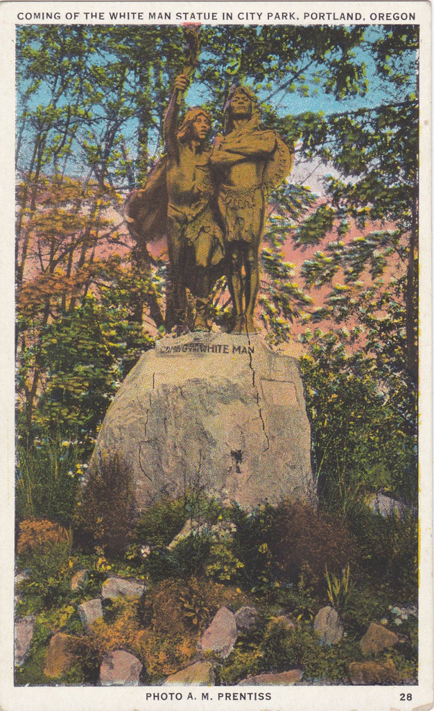 Coming of the White Man Statue- 1920s Antique Postcard- City Park- Portland, Oregon- Chief Multnomah- Souvenir View- Tichnor Quality View- Unused
