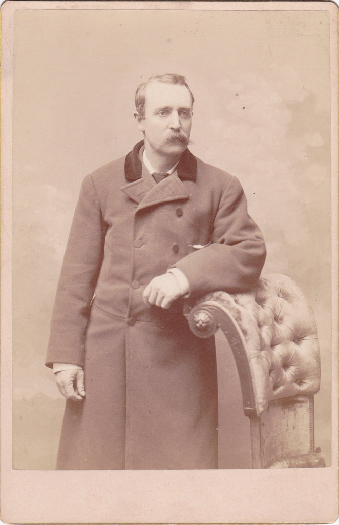 With Velvet Chair- 1800s Antique Photograph- Victorian Man- Walrus Mustache- Elmira, NY- J E Larkin- Cabinet Photo- 19th Century Portrait