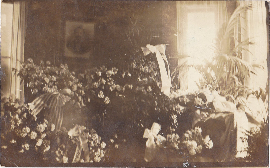 At Rest- 1910s Antique Photograph- Funeral Flowers- Mourning Ephemera- Haunting- Found Photo- AZO RPPC- Real Photo Postcard