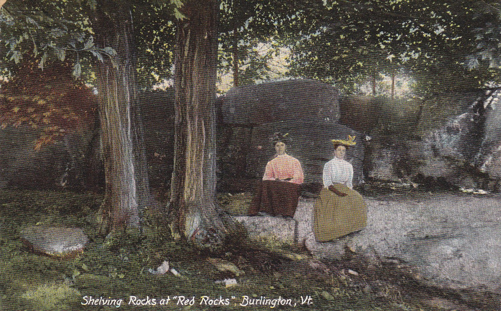 Shelving Rocks- 1910s Antique Postcard- Edwardian Tourists at Red Rocks- Burlington, Vermont- Rock Formation- Souvenir Card- Hugh C. Leighton Co.