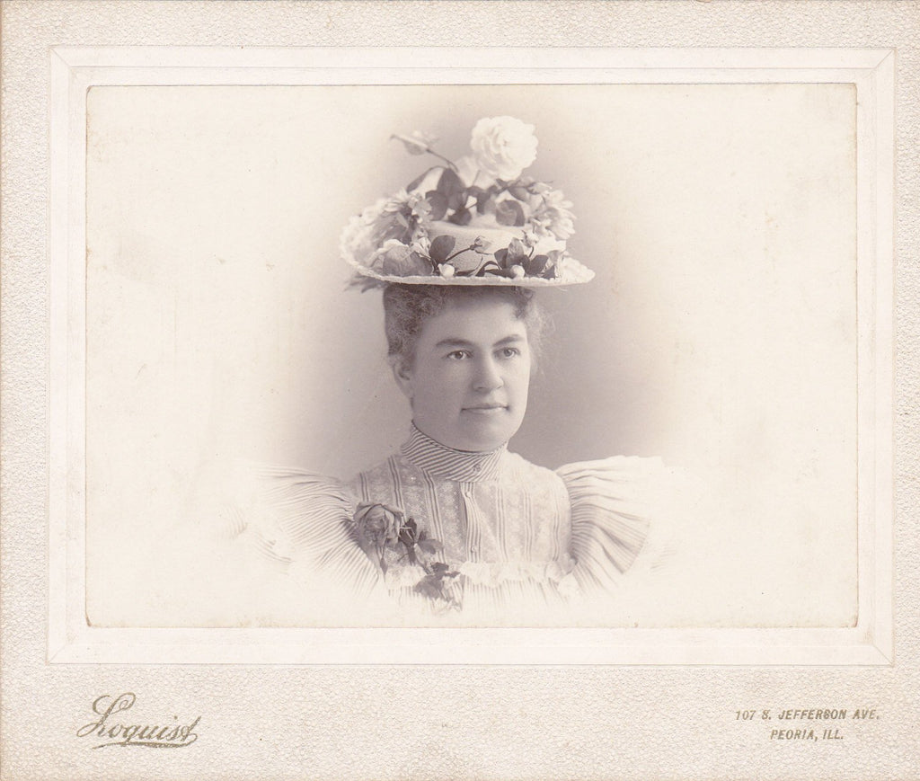 Rosy Girl- 1800s Antique Photograph- Victorian Decor- Cabinet Photo- Roses Straw Hat- Peoria, Illinois- 19th Century Woman- Photographer Loquist