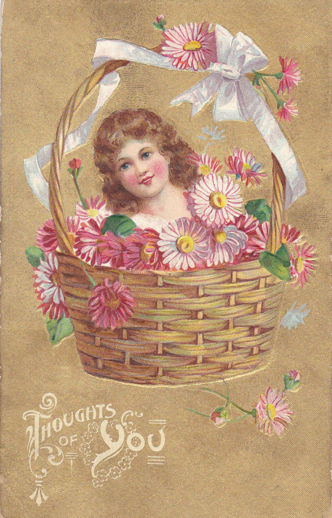 Thoughts of You-  1910s Antique Postcard- Disembodied Head in Flower Basket- Edwardian Decor- Floral Greeting- H G Zimmerman- Used