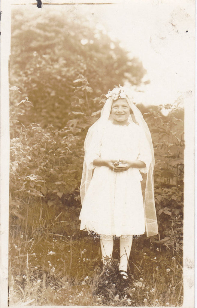 Beaming Confirmation Girl in Long Veil- 1920s Antique Photograph- Bible, Rosary- Sepia Portrait- Real Photo Poscard- AZO RPPC