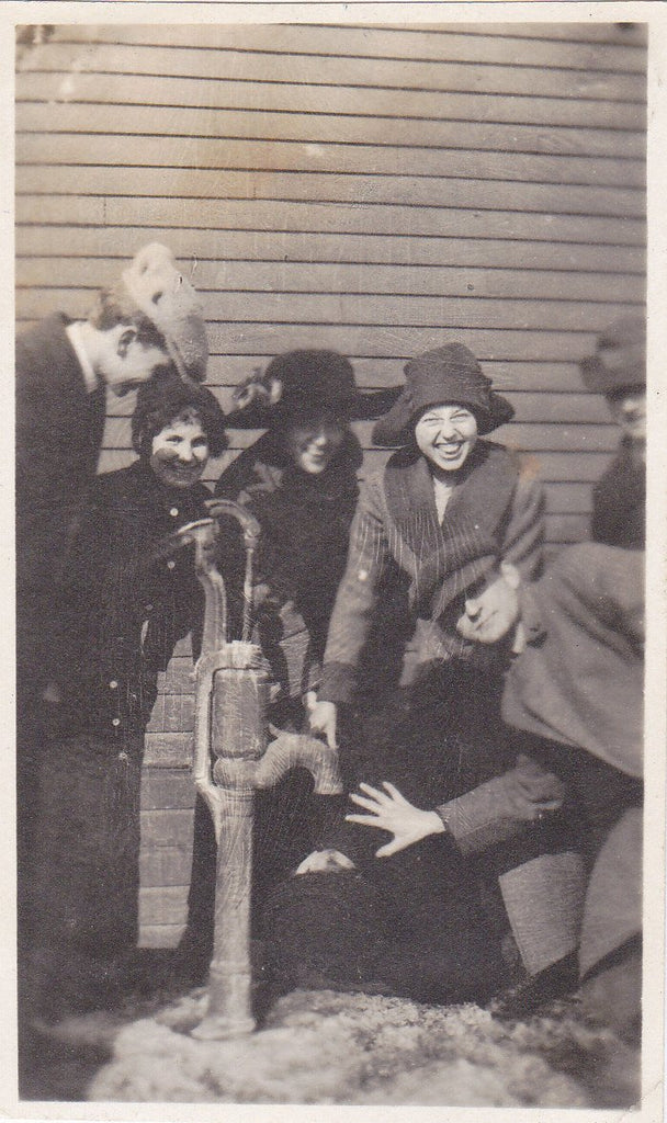 What's So Funny- 1910s Antique Photograph- Frozen Water Pump- Edwardian Friends- Group Snapshot- Winter