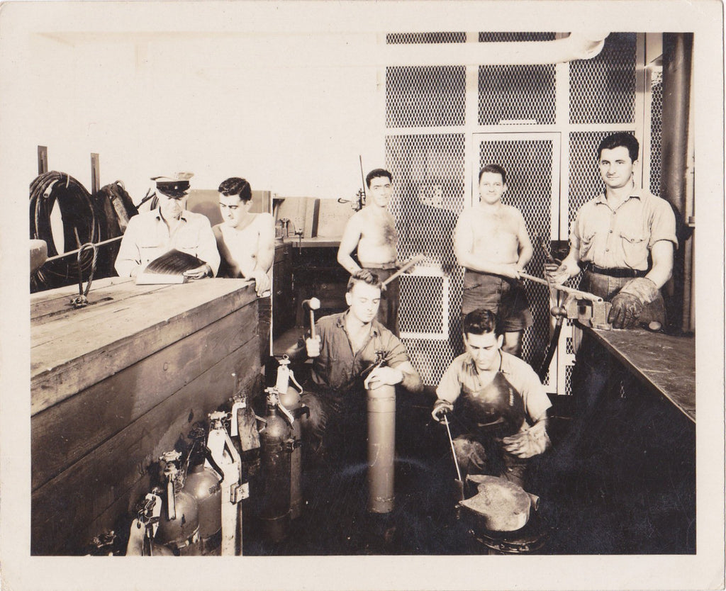 Onboard Metal Shop- 1940s Vintage Photograph- Crewmen of USS Cebu- WWII Sailors- Wartime Snapshot- Old Photo- Shirtless Men