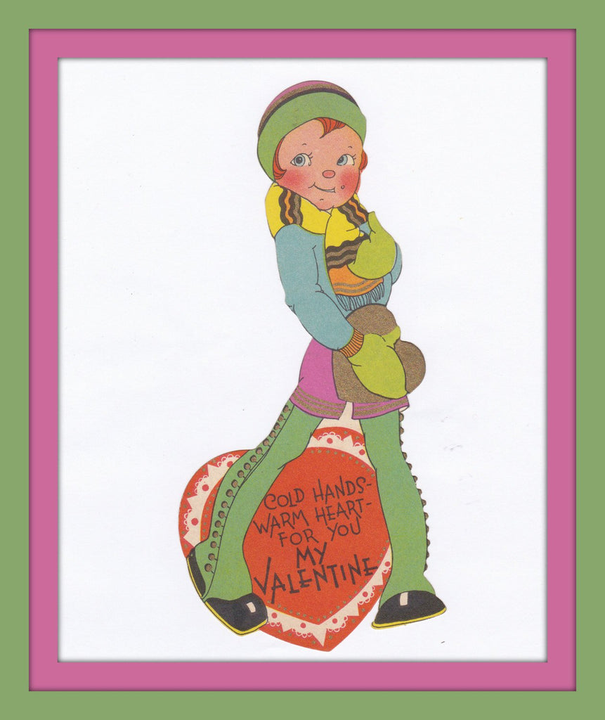 Cold Hands, Warm Heart For You- 1930s Vintage Card- My Valentine- Thigh-High Spats and Woolen Mittens- Used