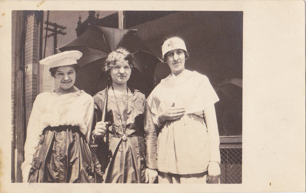 Strolling Main Street- 1910s Antique Photograph- Edwardian Ladies- Nurse Uniform- Umbrella- Real Photo Postcard- AZO RPPC