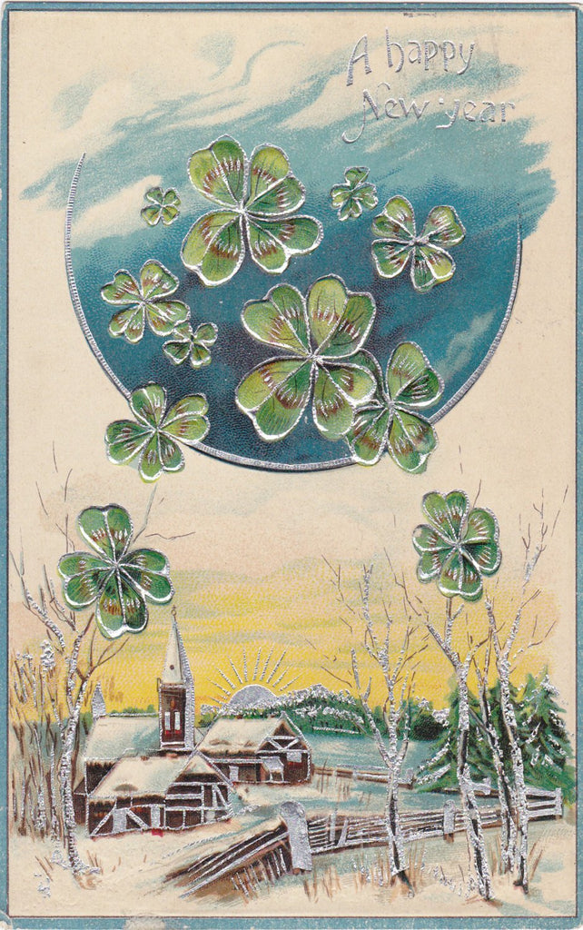 Luck of the New Moon- 1900s Antique Postcard- Happy New Year- Four Leaf Clovers- Holiday Card- Edwardian Decor- Embossed- Used