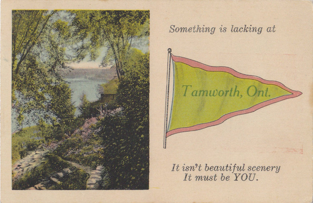 Something Is Lacking at Tamworth- 1930s Vintage Postcard- Ontario, Canada- Classic Souvenir- Pennant Flag- Scenic View- Photogelatine Engraving Co.- Used