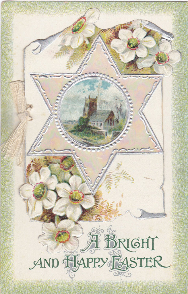 A Bright And Happy Easter- 1900s Antique Postcard- Edwardian Easter- B B London- Six Pointed Star- Beautiful Card- Embossed- Unused