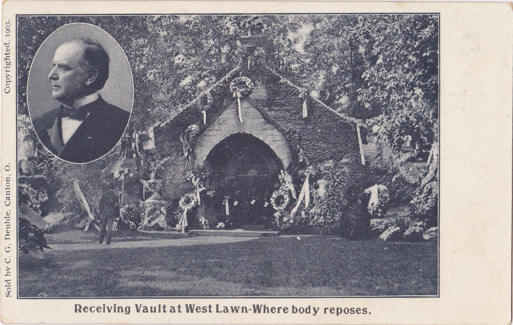 McKinley Receiving Vault- 1900s Antique Postcard- Westlawn Cemetery- Canton, Ohio- Memorial Card- Mourning President- Private Mailing Card