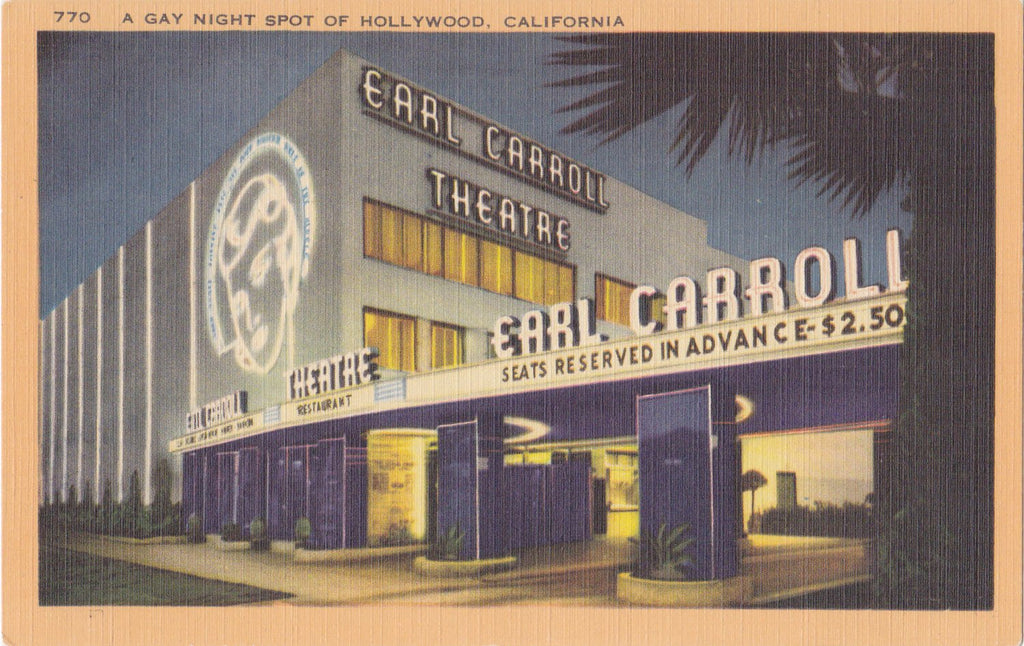 Gay Night Spot- 1940s Vintage Postcard- Earl Carroll Theatre- Hollywood, California- Souvenir View- Longshaw Card- Unused