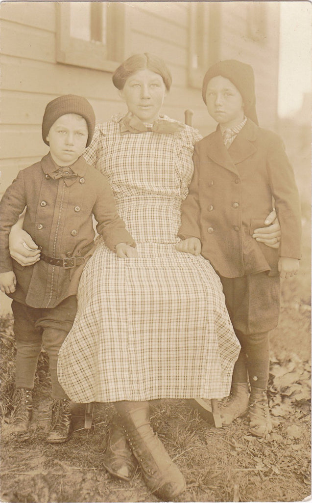 My Little Brothers- 1900s Antique Photograph- Trio of Edwardian Children- Boys in Knit Hats- Real Photo Postcard- AZO RPPC