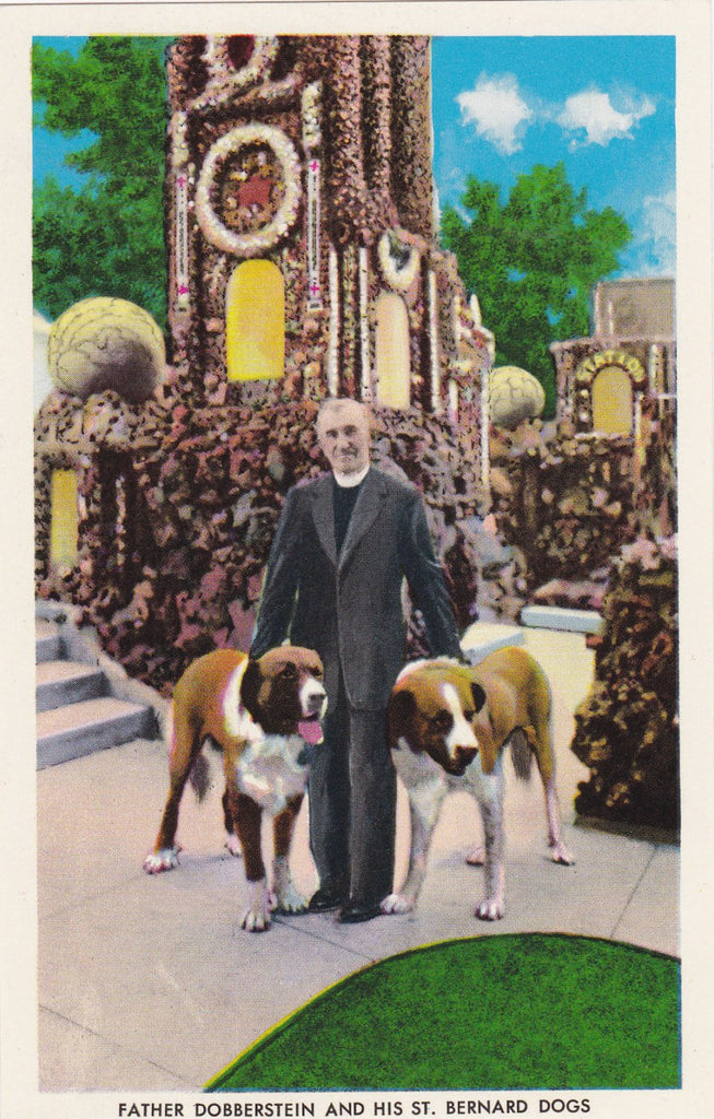 Father Dobberstein and His St. Bernard Dogs- 1950s Vintage Postcard- Grotto of Redemption- West Bend, Iowa- Chrome Postcard