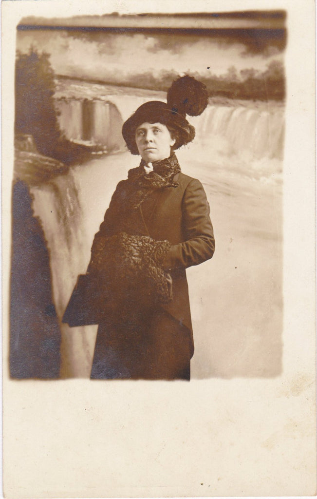 Niagara Tourist- 1910s Antique Photograph- Souvenir Portrait- Niagara Falls- Painted Backdrop- Real Photo Postcard- AZO RPPC