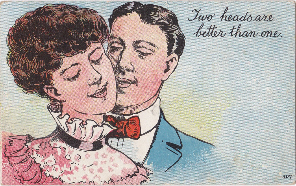 Two Heads Are Better Than One- 1900s Antique Postcard- Edwardian Romance- Art Comic- Couple Humor- Eyes Closed- Used