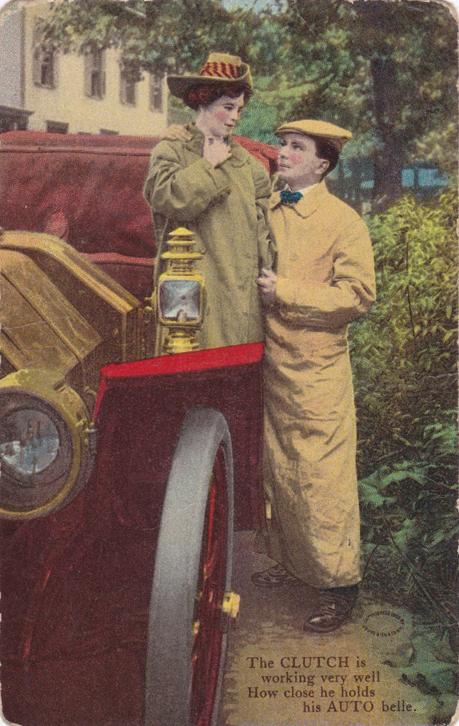 His Auto Belle- 1900s Antique Postcard- Automobile Art Comic- Clutch Pun- Edwardian Romance- Julius Bien Co.- Auto Series- Used
