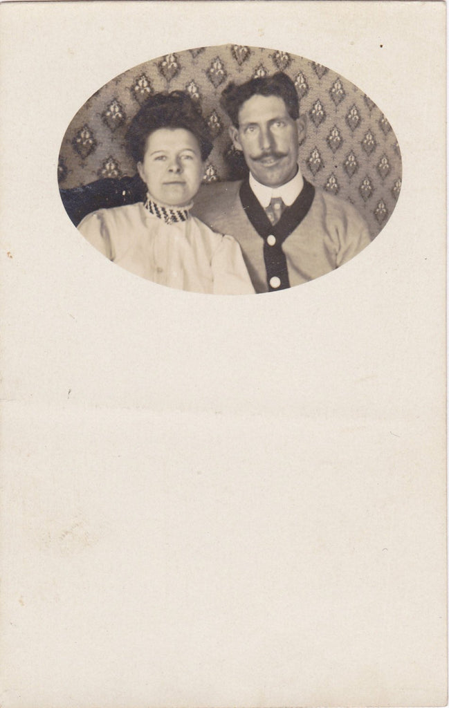 Edwardian Couple- 1900s Antique Photograph- Wall Paper Pattern- Waxed Mustache- Found Photo- Real Photo Postcard- Cyko RPPC- Paper Ephemera