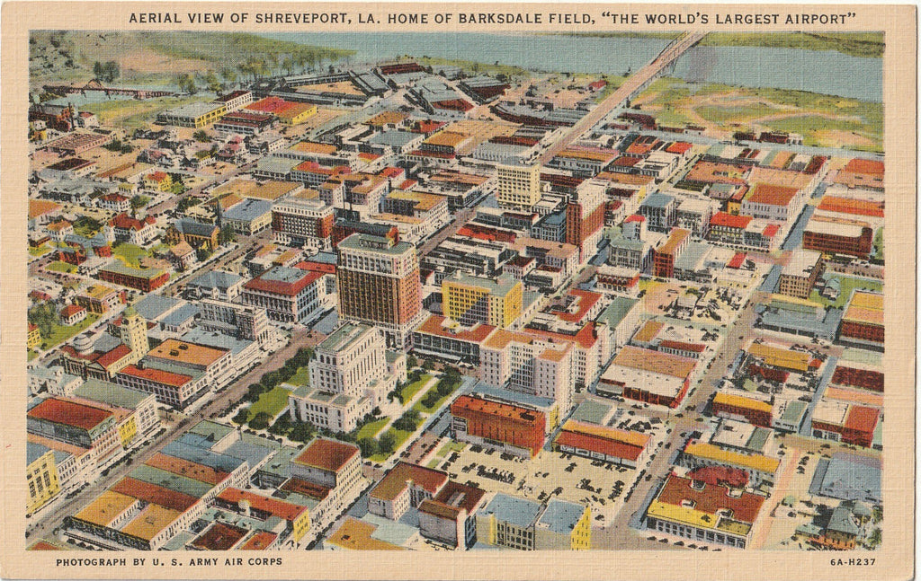 Aerial View of Shreveport, LA - Home of Barksdale Field Airport - Postcard, c. 1940s