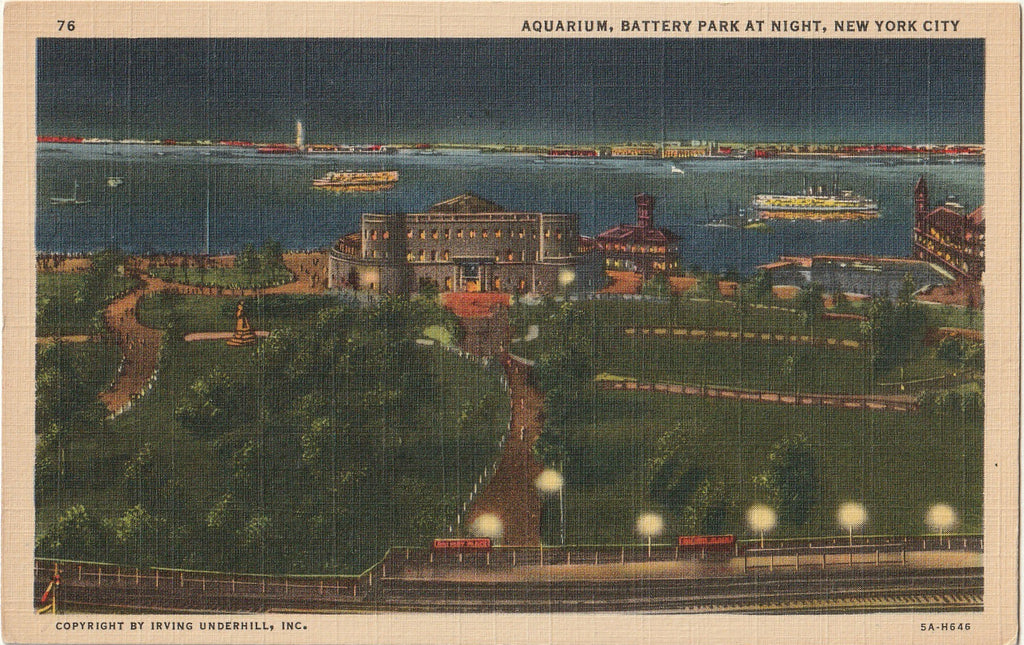 Aquarium at Battery Park by Night - New York City - Postcard, c. 1940s