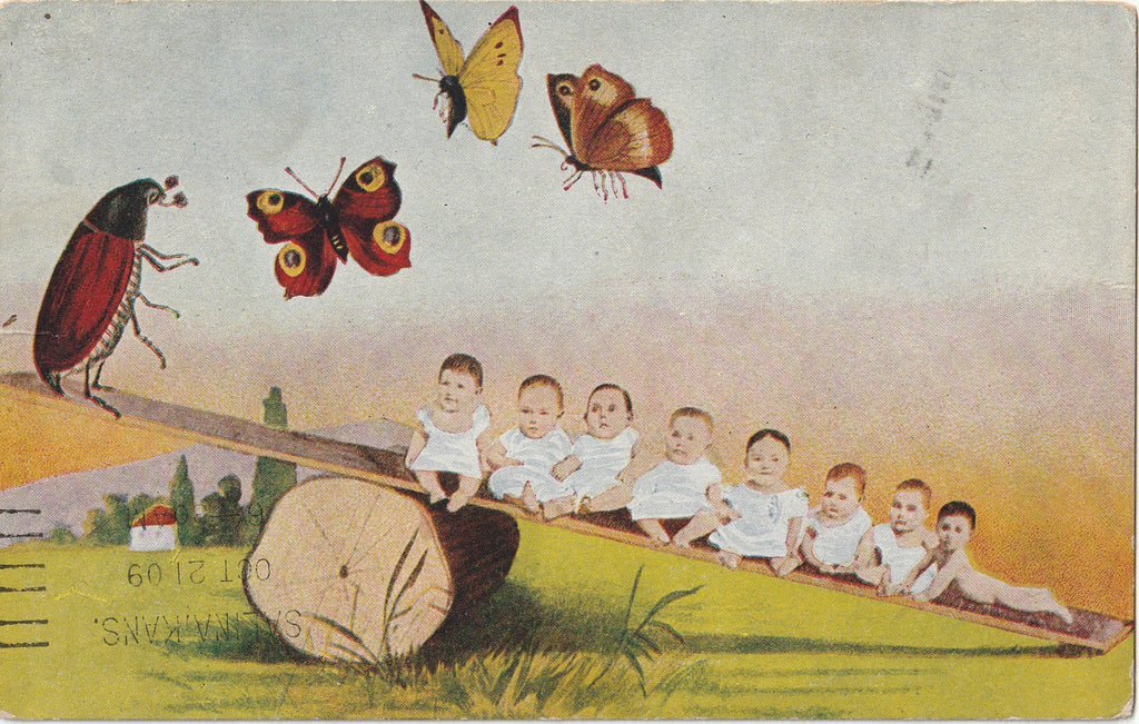 Babies and Bugs Teeter-totter - Baby Montage - Postcard, c. 1900s