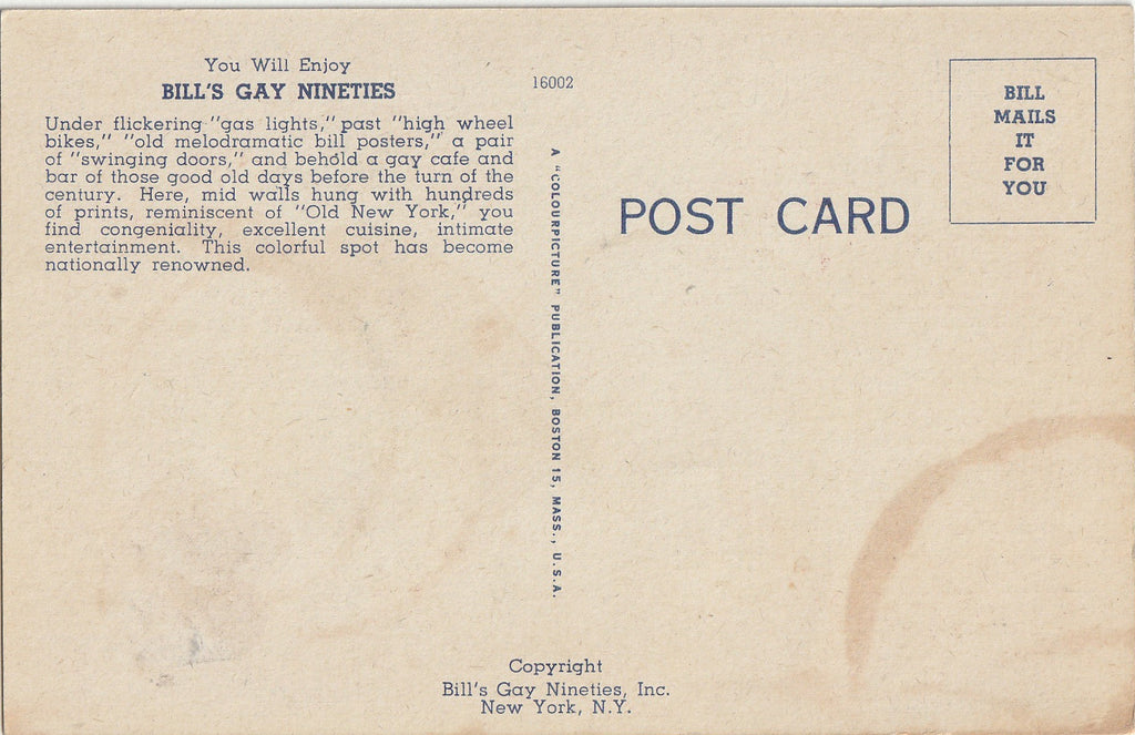 Bill's Gay Nineties Cafe - Old New York Restaurant - Postcard, c, 1930s