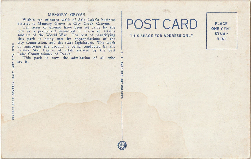 Bird's Eye View of Memory Grove - City Creek Canyon - Salt Lake City, UT - Postcard, c. 1940s