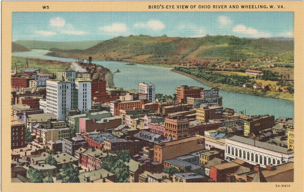 Bird's Eye View of Ohio River - Wheeling, West Virginia - Postcard, c. 1940s