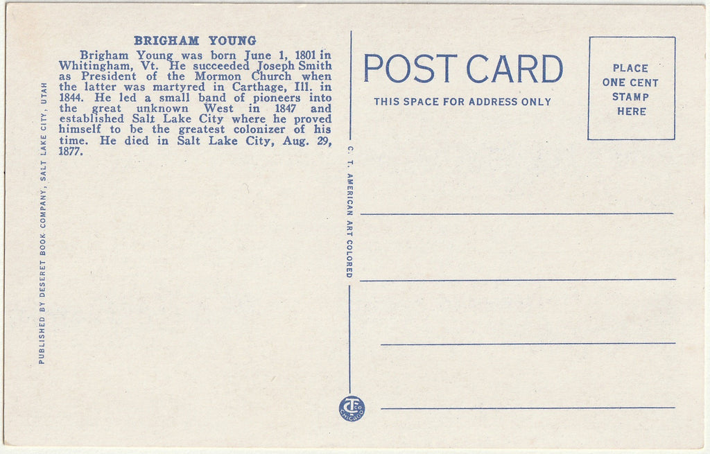 Brigham Young - President of Mormon Church - Founder of Salt Lake City - Postcard, c. 1940s