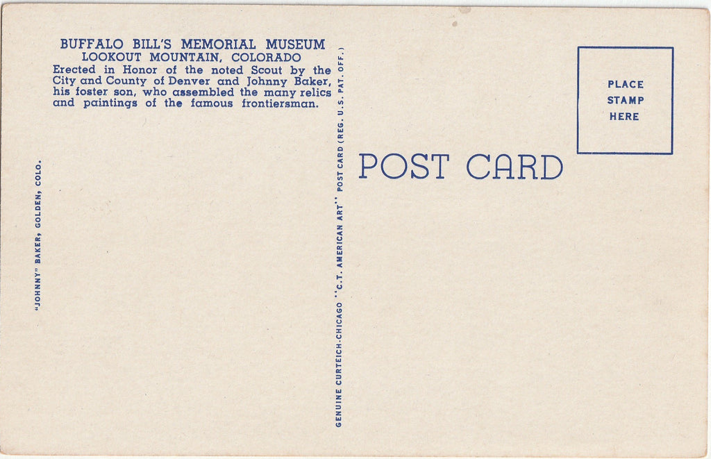 Buffalo Bill's Memorial Museum - Lookout Mountain, Colorado - Postcard, c. 1940s