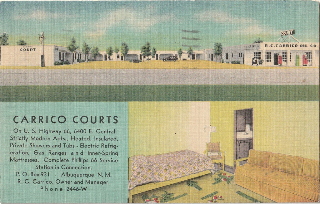 Carrico Courts - Route 66 - Albuquerque, New Mexico - Postcard, c. 1940s