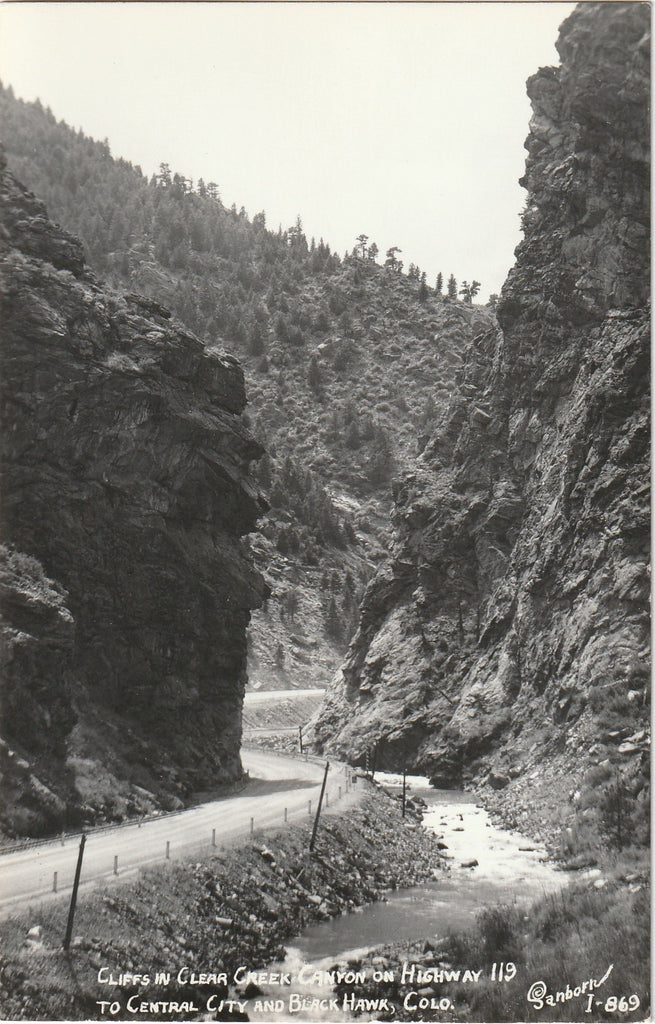 Cliffs in Clear Creek Canyon - Central City & Blackhawk, Colorado - Sanborn RPPC, c. 1950s