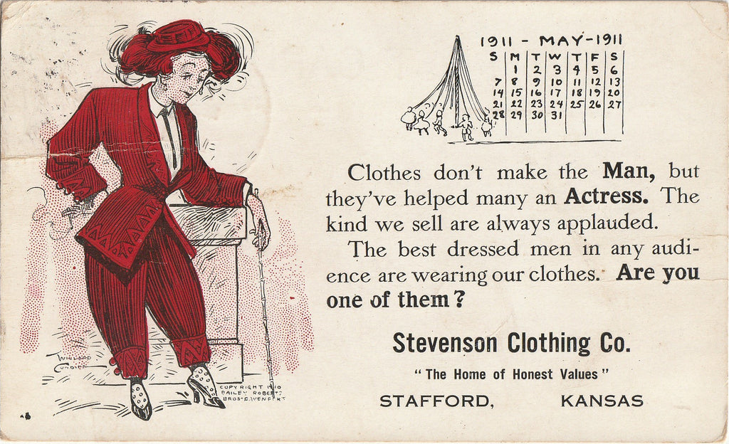 Clothes Don't Make the Man, But They've Helped Many an Actress - Stevenson Clothing Co. - Stafford, KS - Postcard, c. 1910