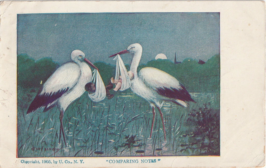Comparing Notes - Storks Delivering Babies - Henry Benson - Postcard, c. 1905