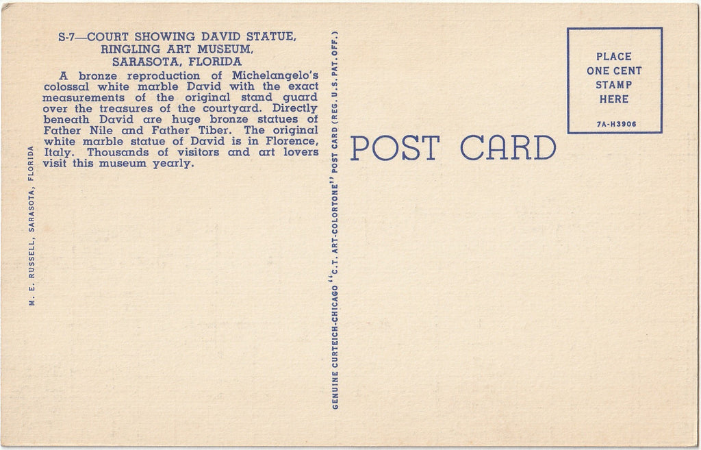 Court Showing David Statue - Ringling Art Museum - Sarasota, FL - Postcard, c. 1940s