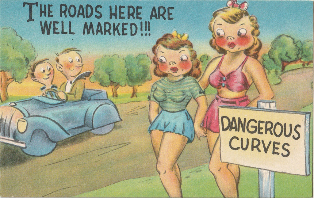 Dangerous Curves - The Roads Here Are Well Marked - Comic Postcard, c. 1940s